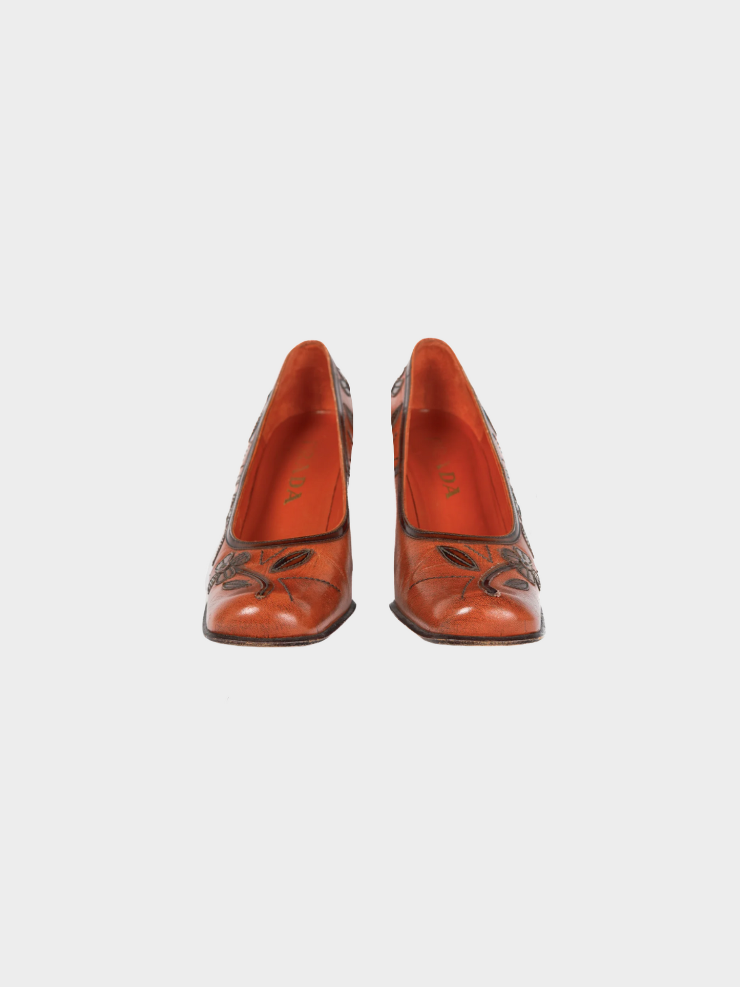 Prada AW 1996 Orange Leather Floral-Applique Pumps