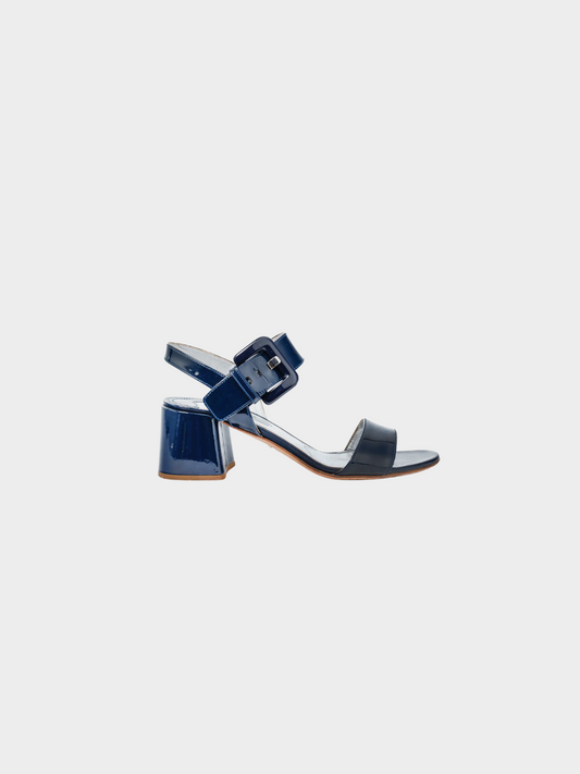 Prada 2015 Dark Blue Patent-Leather Buckled Sandals
