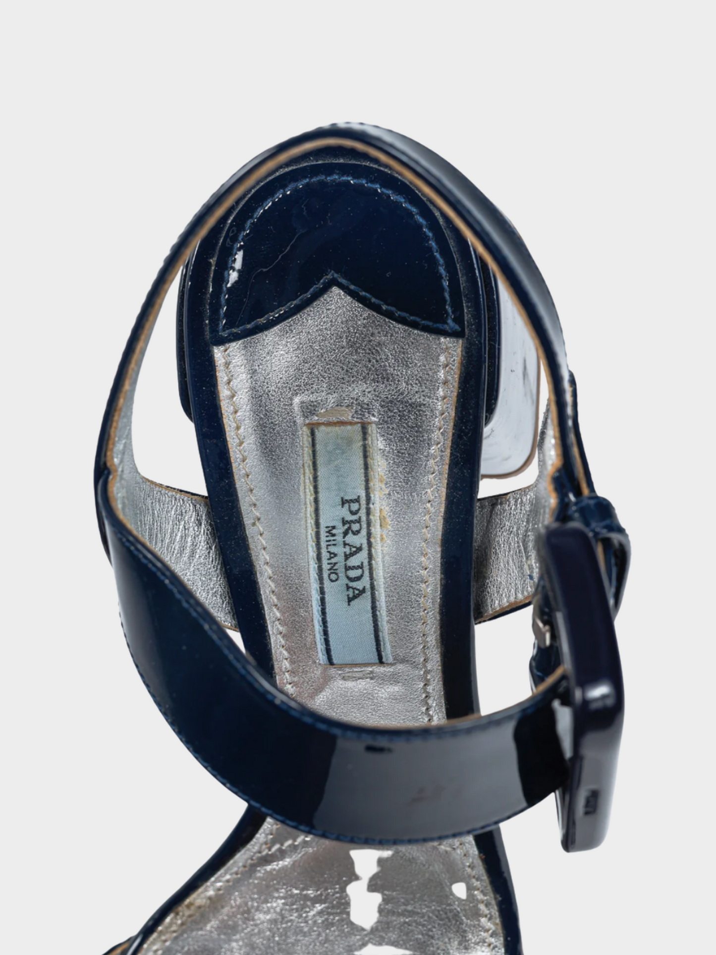 Prada 2015 Dark Blue Patent-Leather Buckled Sandals