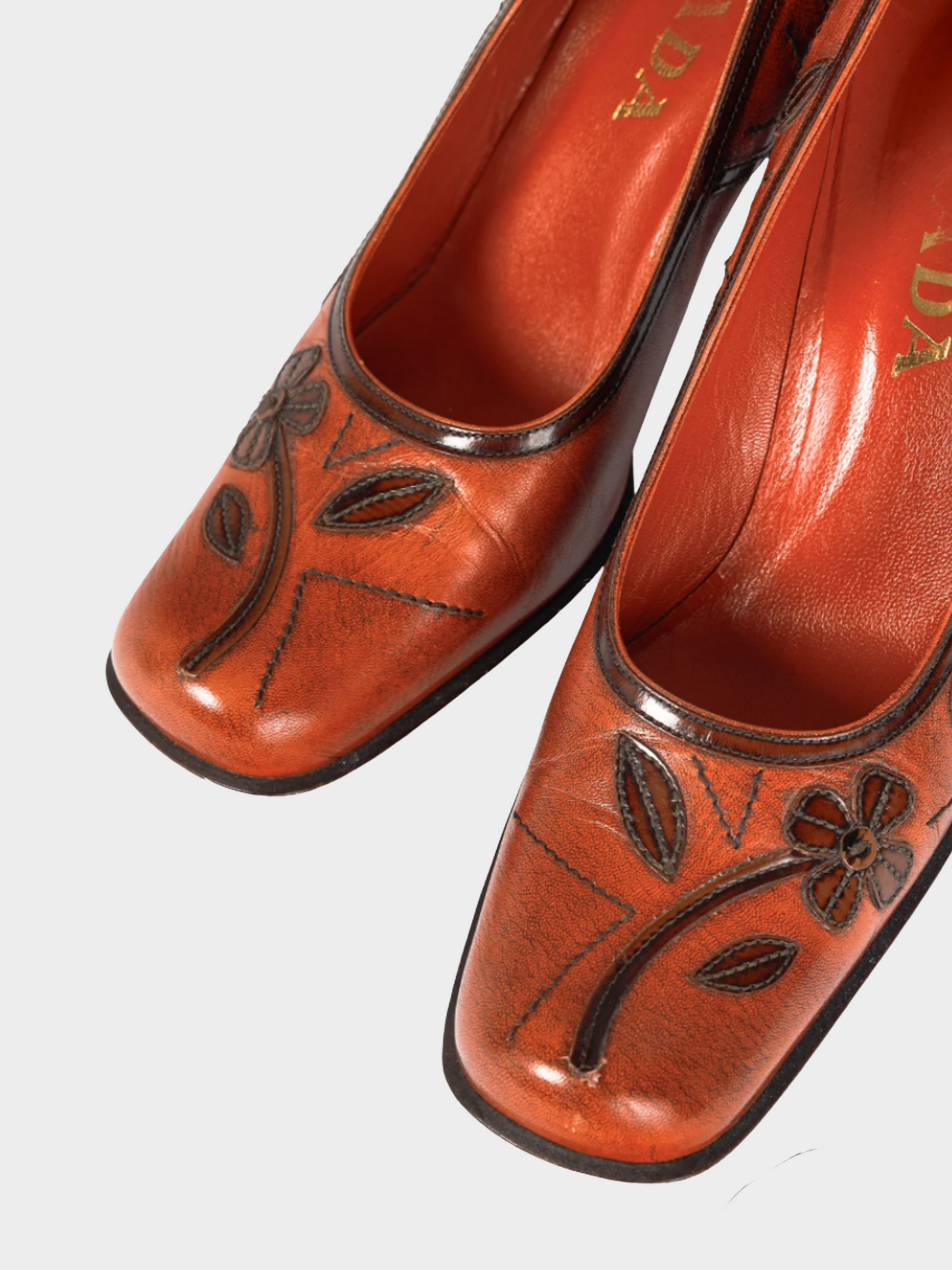 Prada AW 1996 Orange Leather Floral-Applique Pumps