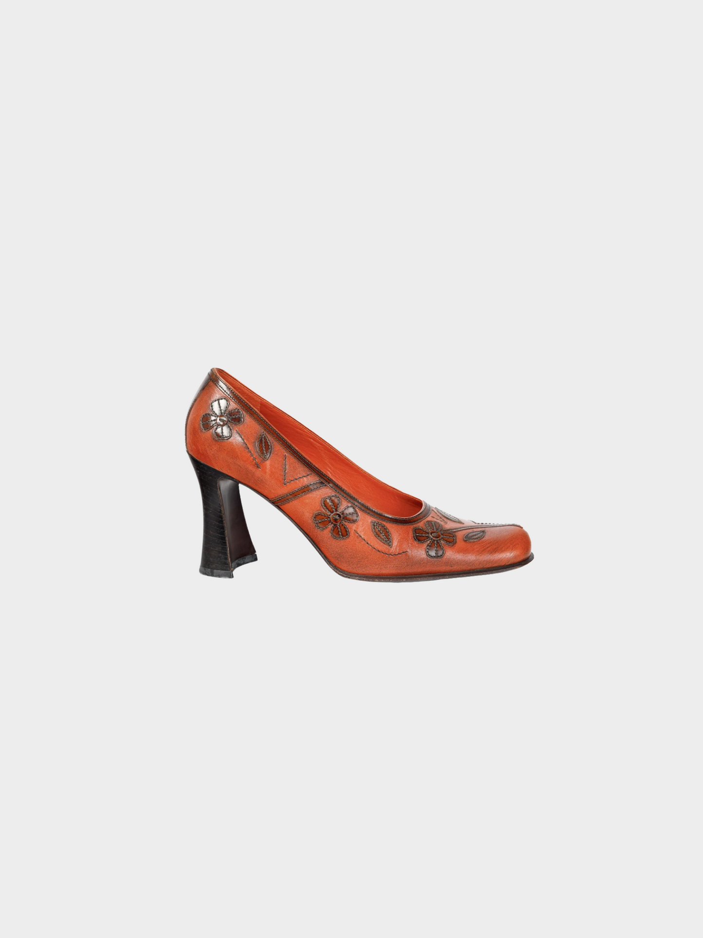 Prada AW 1996 Orange Leather Floral-Applique Pumps