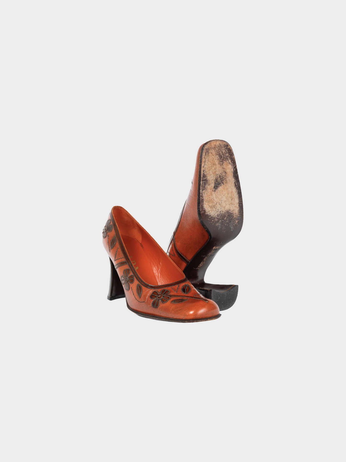 Prada AW 1996 Orange Leather Floral-Applique Pumps