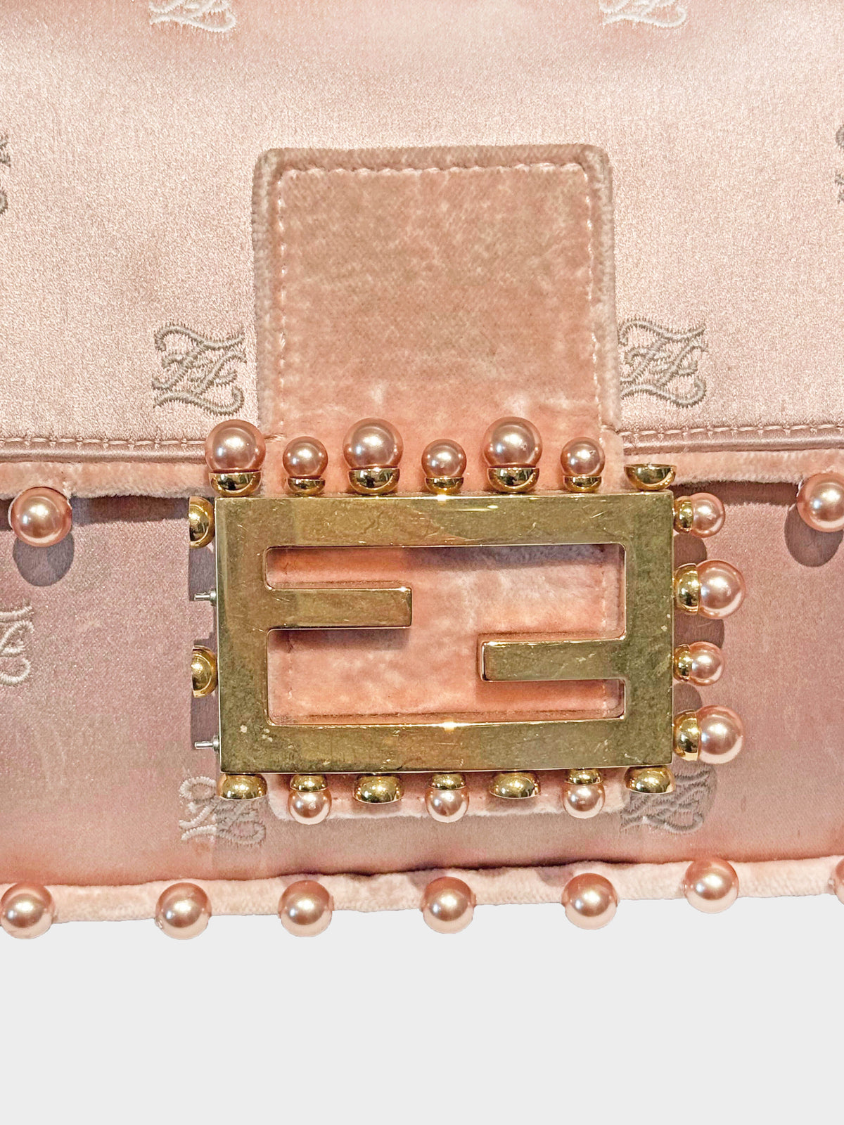 Fendi 1997 Re-edition Blush Pink Embroidered Satin and Pearl-detailed Baguette