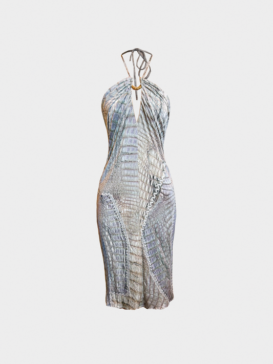Roberto Cavalli SS 2011 Crocodile Print Halter Neck Mini Dress with Gold Detail
