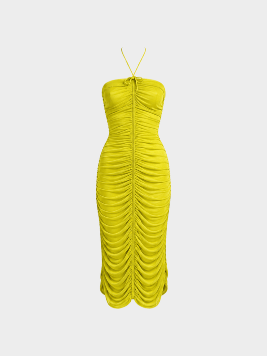 Plein Sud 2000s Lime Yellow Ruched Halter Dress