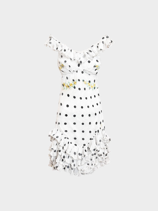 John Galliano 2000s White and Black Polka Dot Ruffled Dress