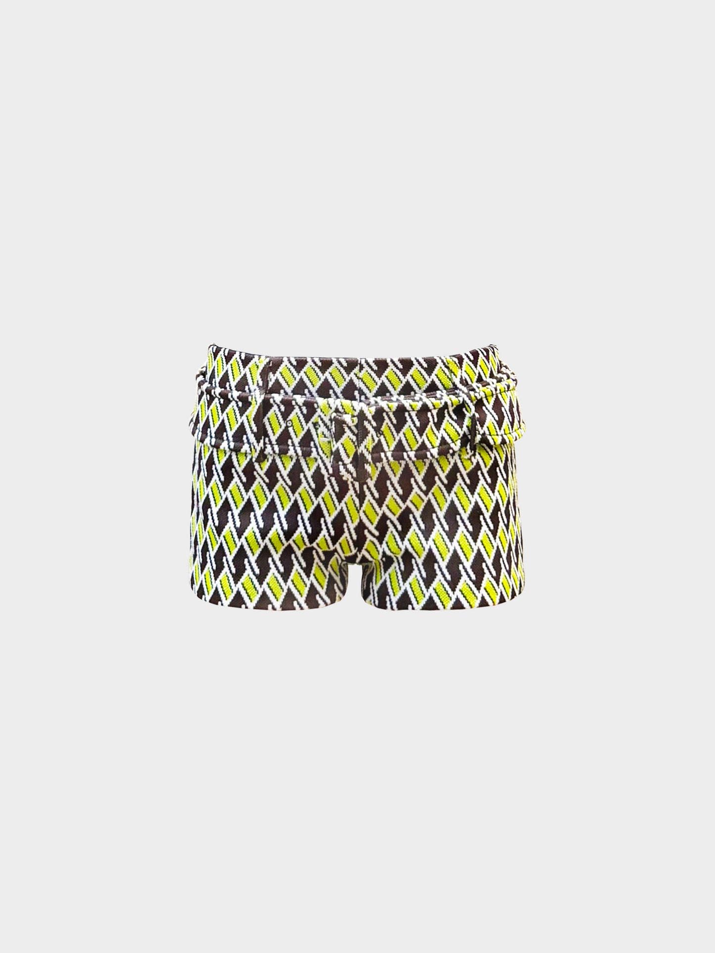 Prada SS 2019 Brown and Green Geometric Print Wool Shorts with Belt