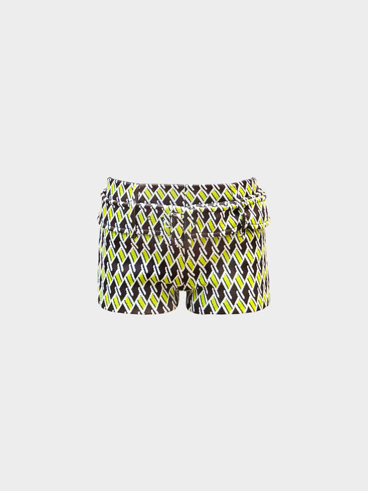Prada SS 2019 Brown and Green Geometric Print Wool Shorts with Belt