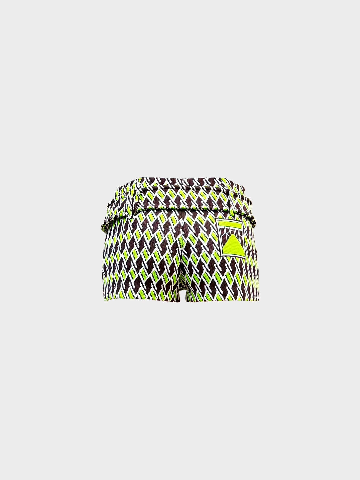 Prada SS 2019 Brown and Green Geometric Print Wool Shorts with Belt
