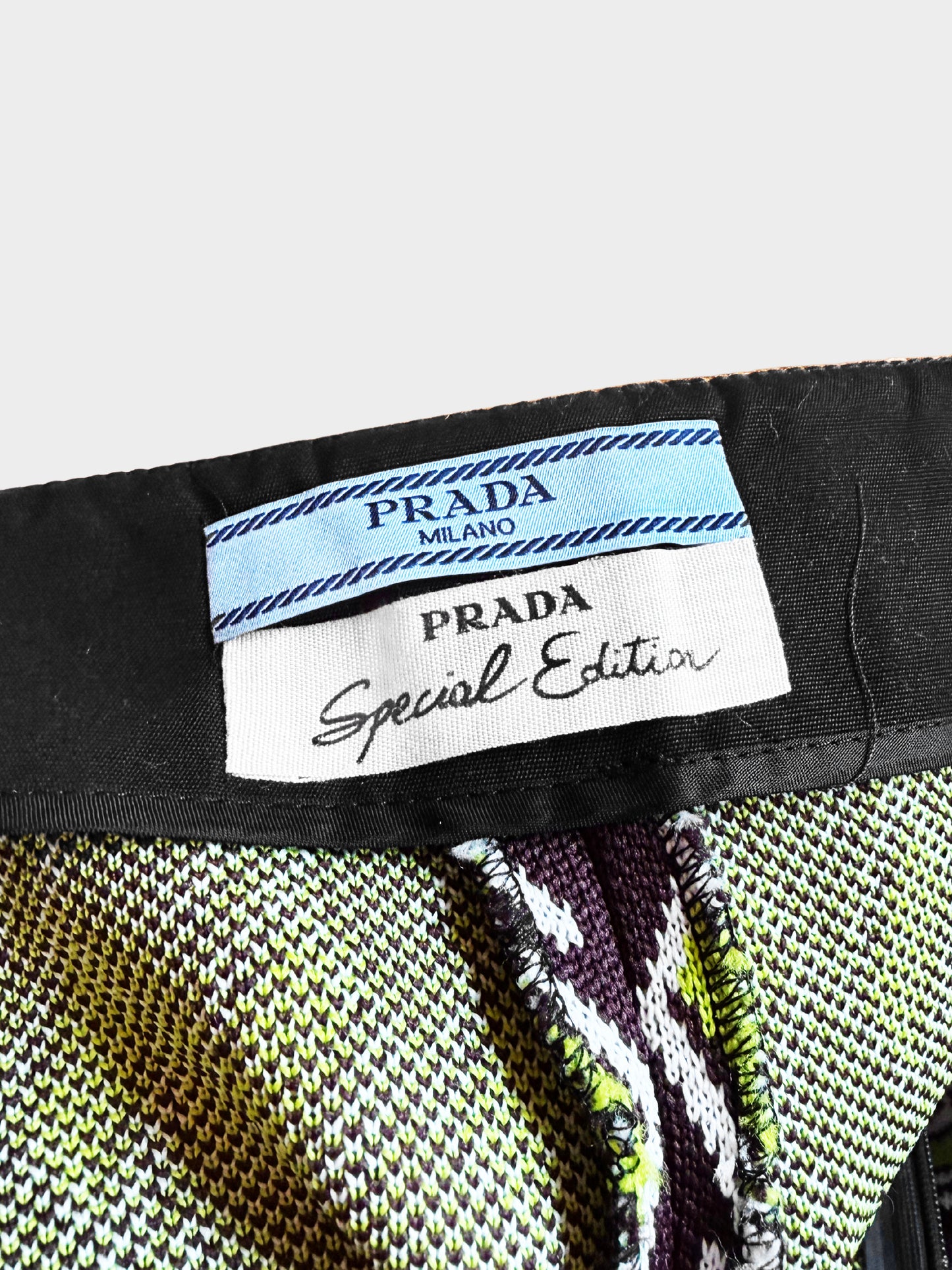 Prada SS 2019 Brown and Green Geometric Print Wool Shorts with Belt
