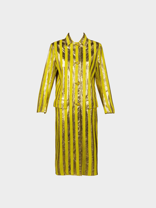 Prada SS 2016 Runway Metallic Gold Snakeskin and Chartreuse Suede Striped Coat