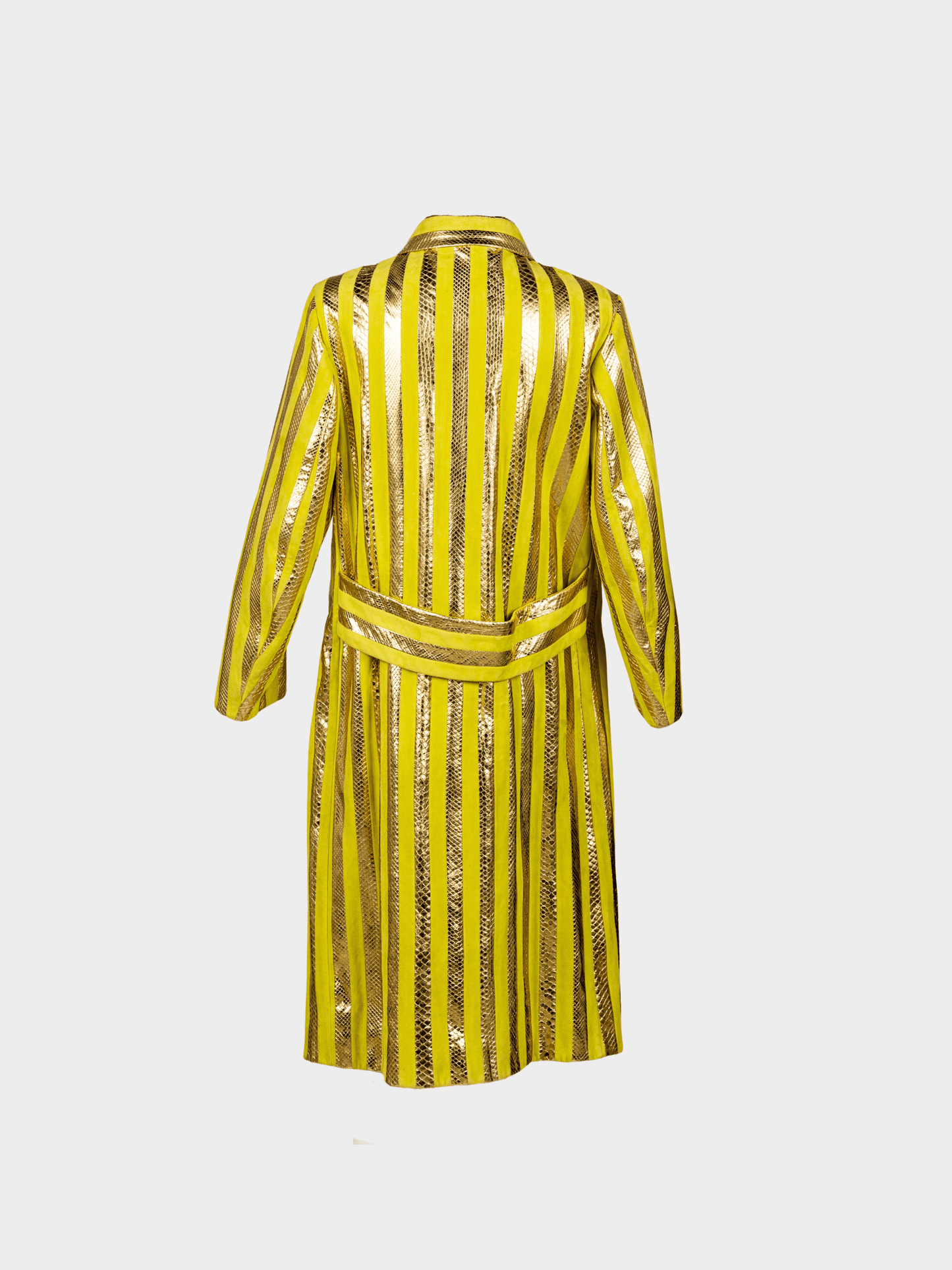 Prada SS 2016 Runway Metallic Gold Snakeskin and Chartreuse Suede Striped Coat