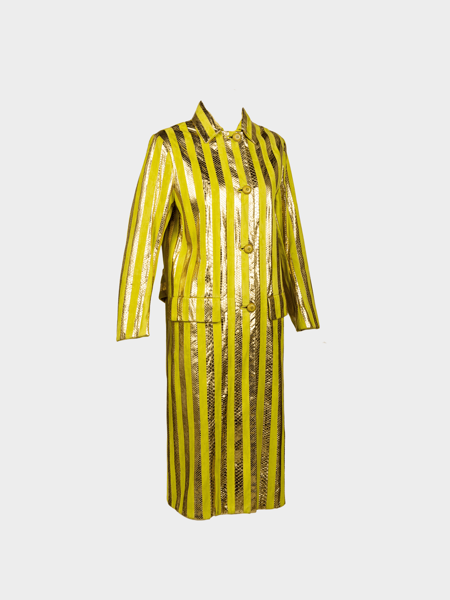 Prada SS 2016 Runway Metallic Gold Snakeskin and Chartreuse Suede Striped Coat