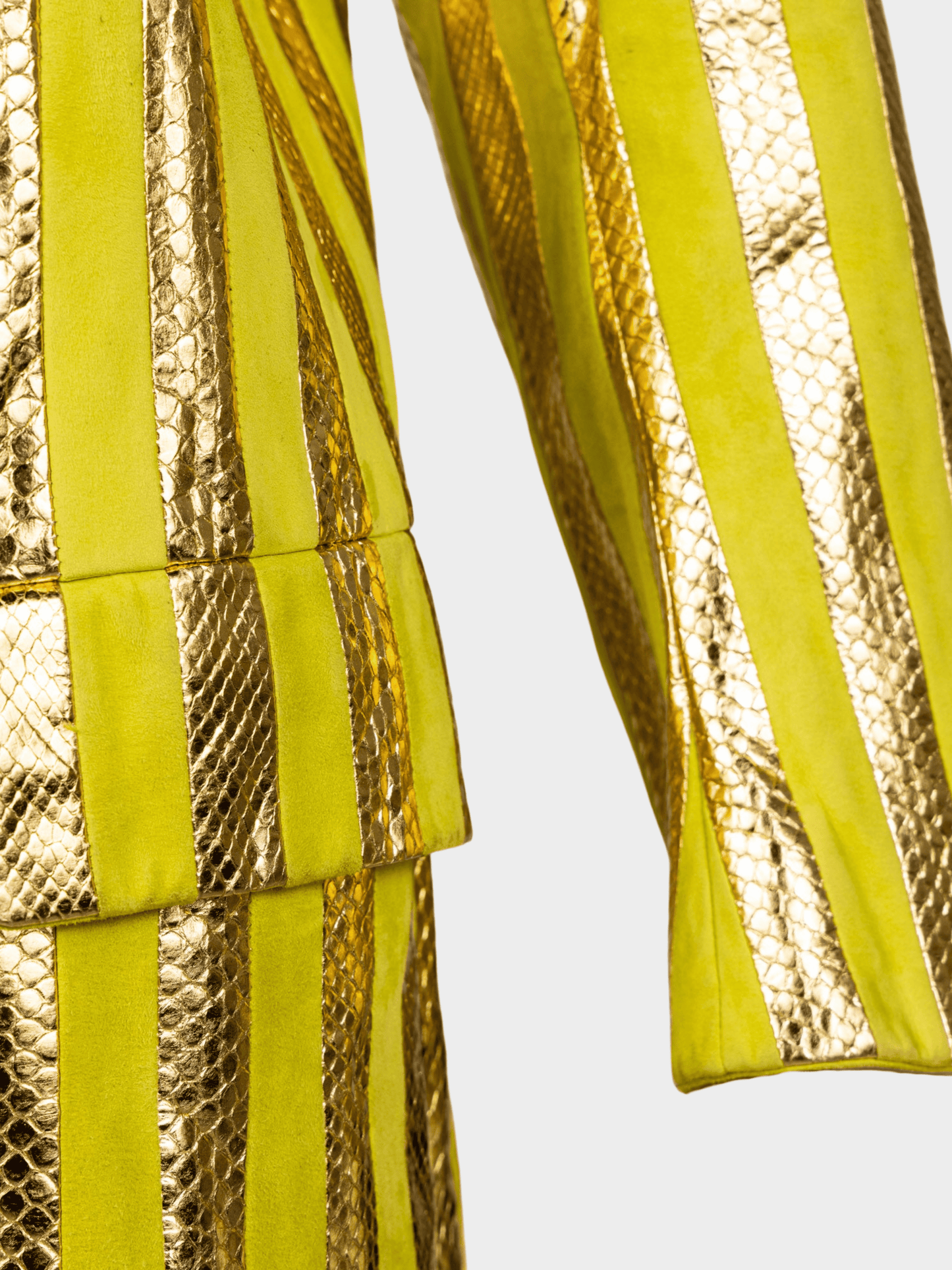 Prada SS 2016 Runway Metallic Gold Snakeskin and Chartreuse Suede Striped Coat