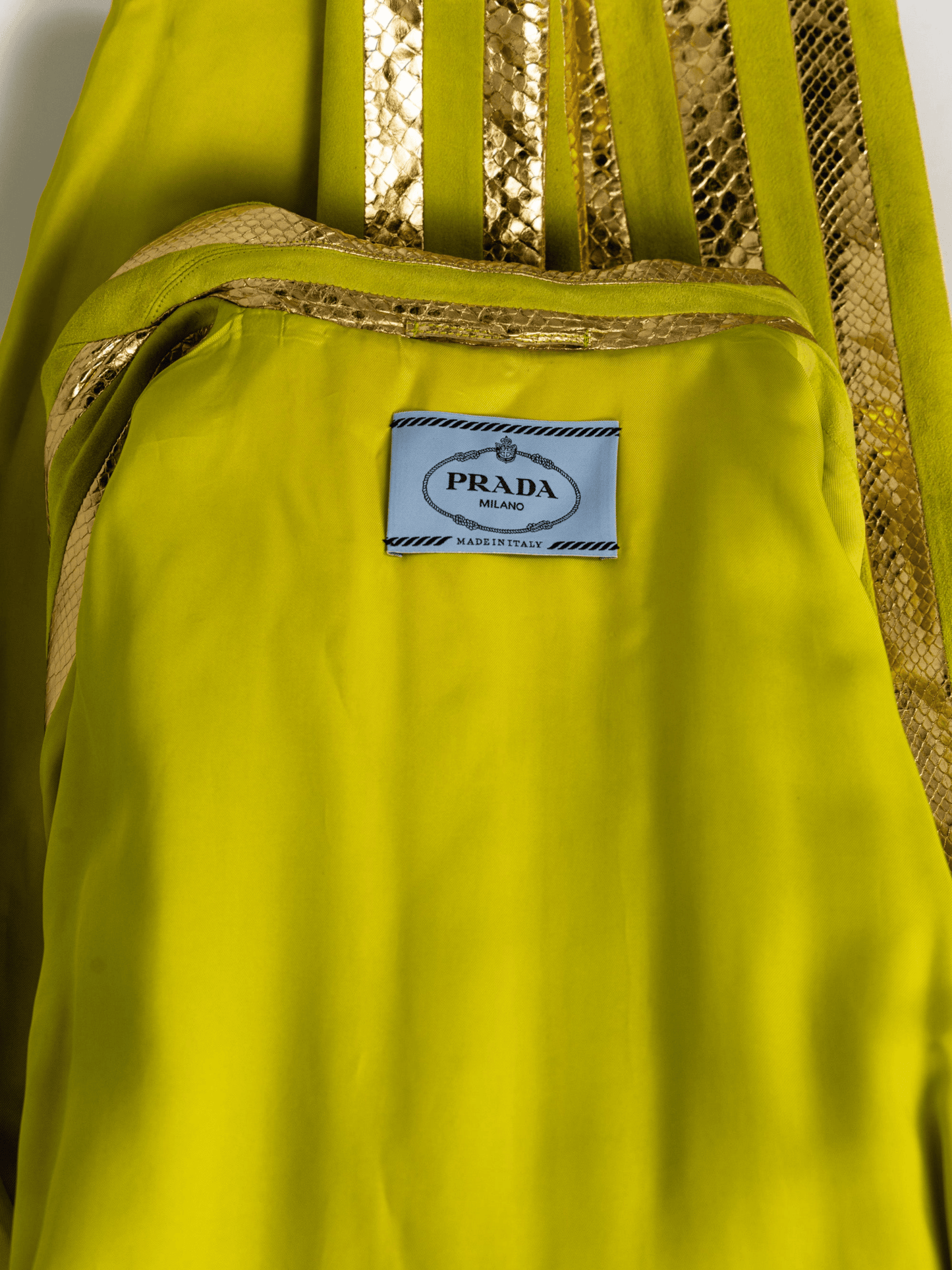 Prada SS 2016 Runway Metallic Gold Snakeskin and Chartreuse Suede Striped Coat