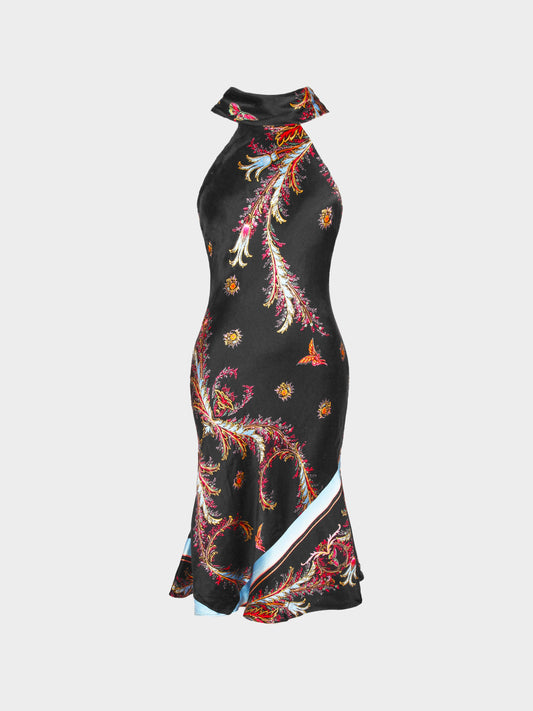 Roberto Cavalli FW 2004 Black Silk Multicolor Chinoiserie-motif Print Dress