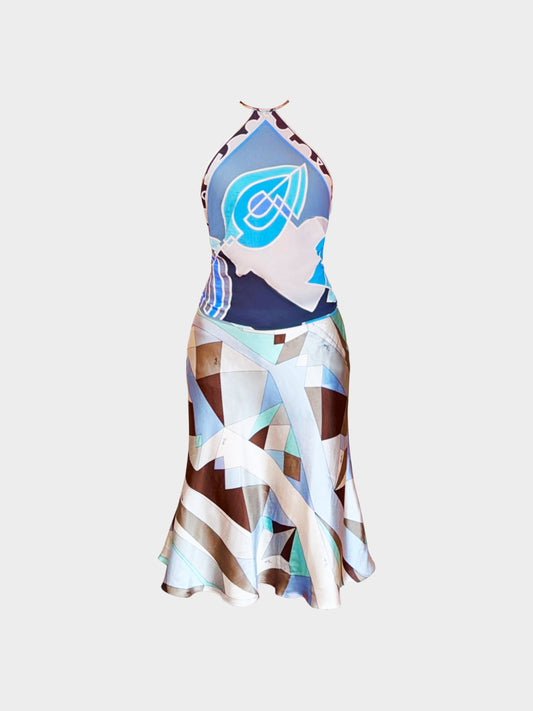Emilio Pucci 2000s Blue Abstract Geometric Print Halter Top and Skirt Set
