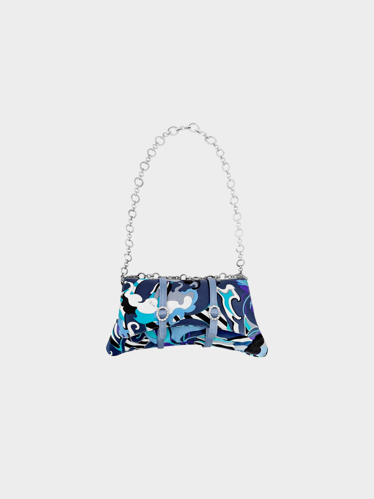 Emilio Pucci 2000s Blue Abstract Wave Print Silk Satin Rhinestone Evening Bag