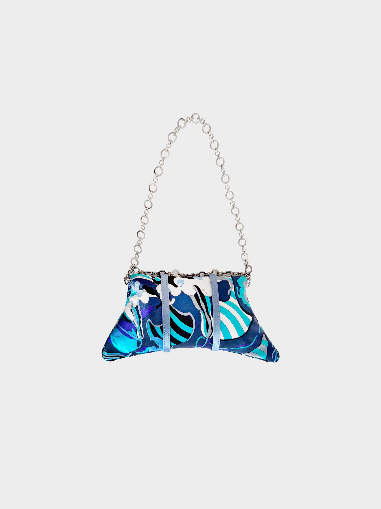 Emilio Pucci 2000s Blue Abstract Wave Print Silk Satin Rhinestone Evening Bag