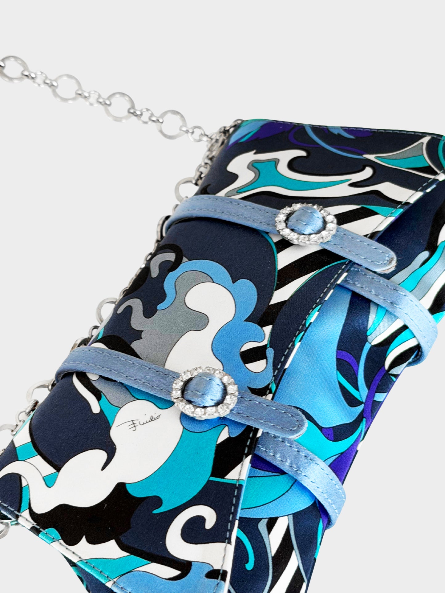 Emilio Pucci 2000s Blue Abstract Wave Print Silk Satin Rhinestone Evening Bag