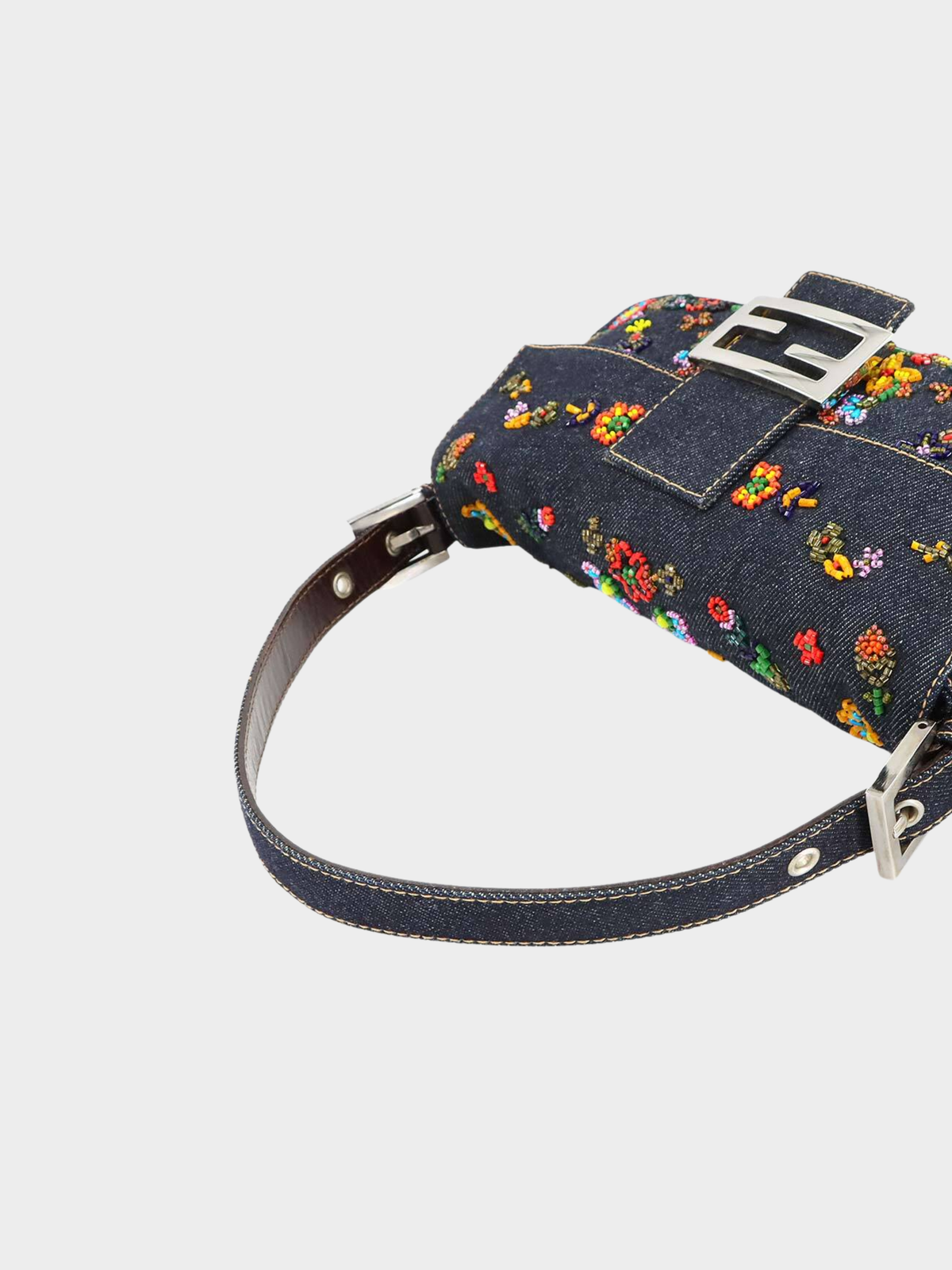 Fendi 2000s Rare Floral Beaded Denim Baguette