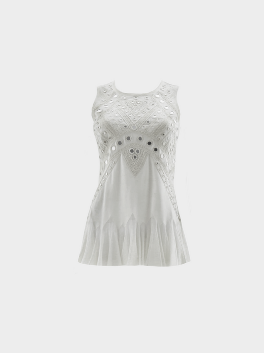 Roberto Cavalli Resort 2014 Off-white Indian-influenced Embroidered Mini Mirrors Tank Top