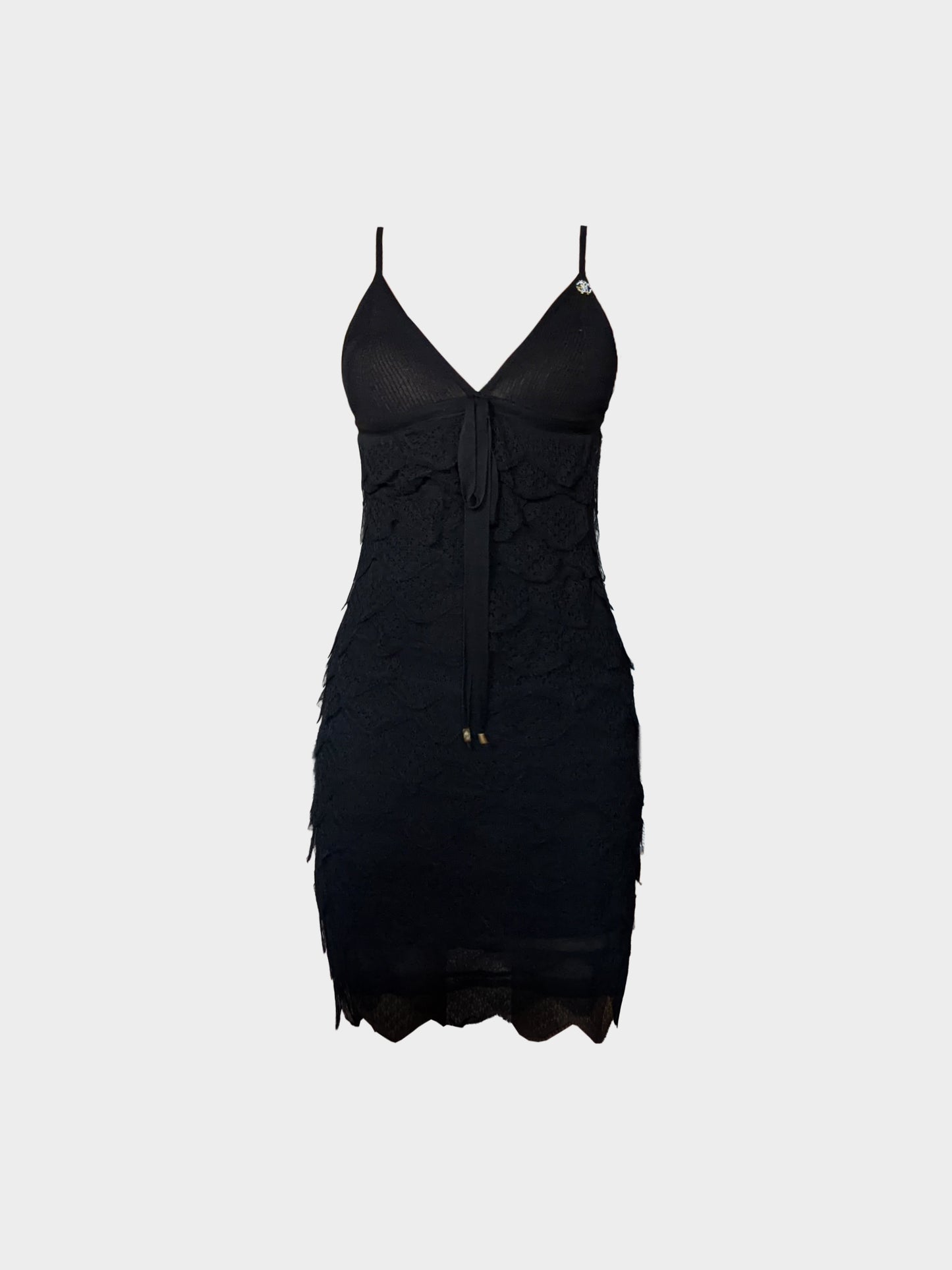 Roberto Cavalli 2000s Black Viscose Tiered Scallop Ruffled Dress