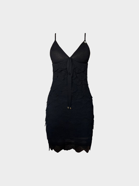 Roberto Cavalli 2000s Black Viscose Tiered Scallop Ruffled Dress