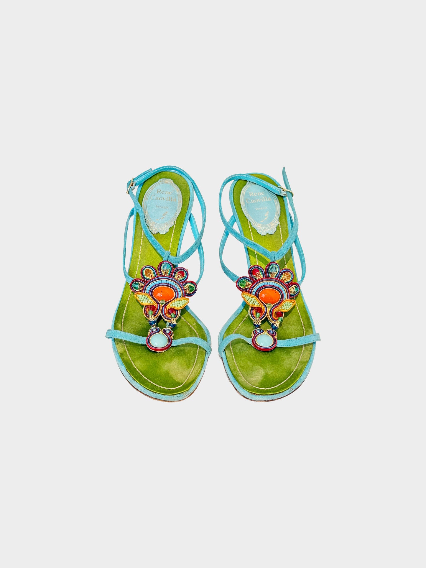 René Caovilla 2000s Green Satin and Blue Suede Multicolor Jewelry Heels