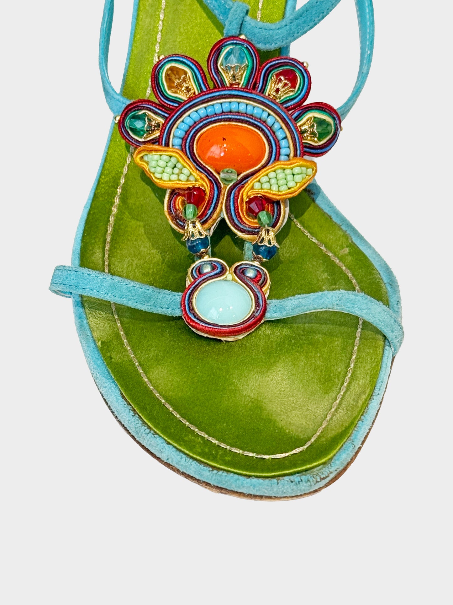 René Caovilla 2000s Green Satin and Blue Suede Multicolor Jewelry Heels