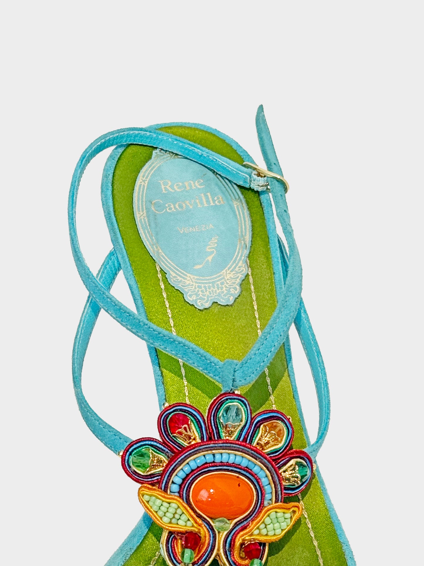 René Caovilla 2000s Green Satin and Blue Suede Multicolor Jewelry Heels