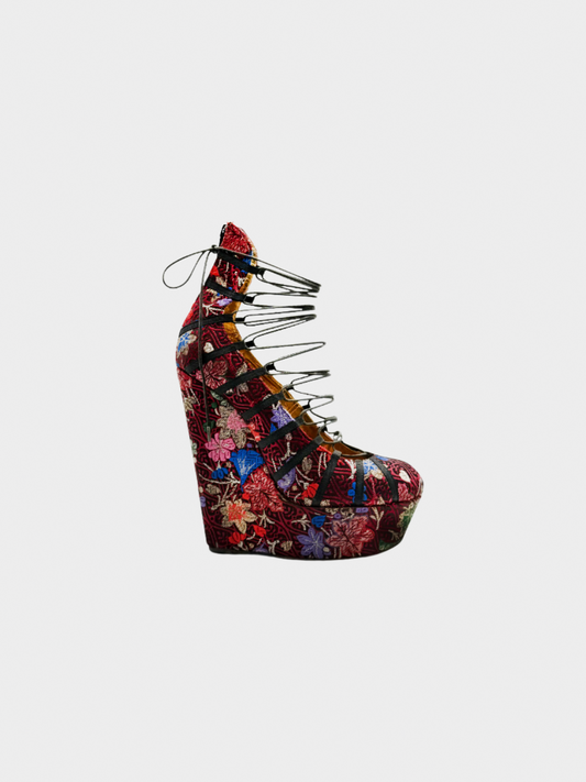 John Galliano 2004 Purple Jacquard Ankle Boots