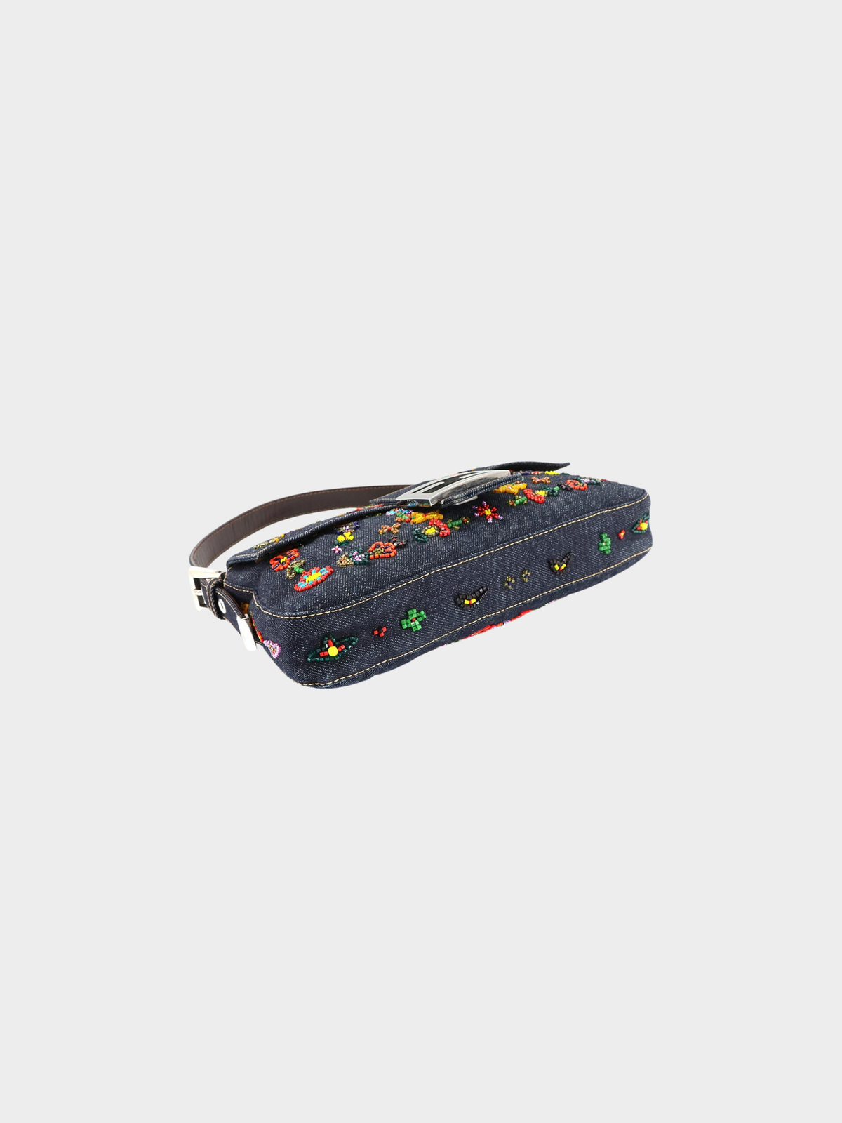 Fendi 2000s Rare Floral Beaded Denim Baguette