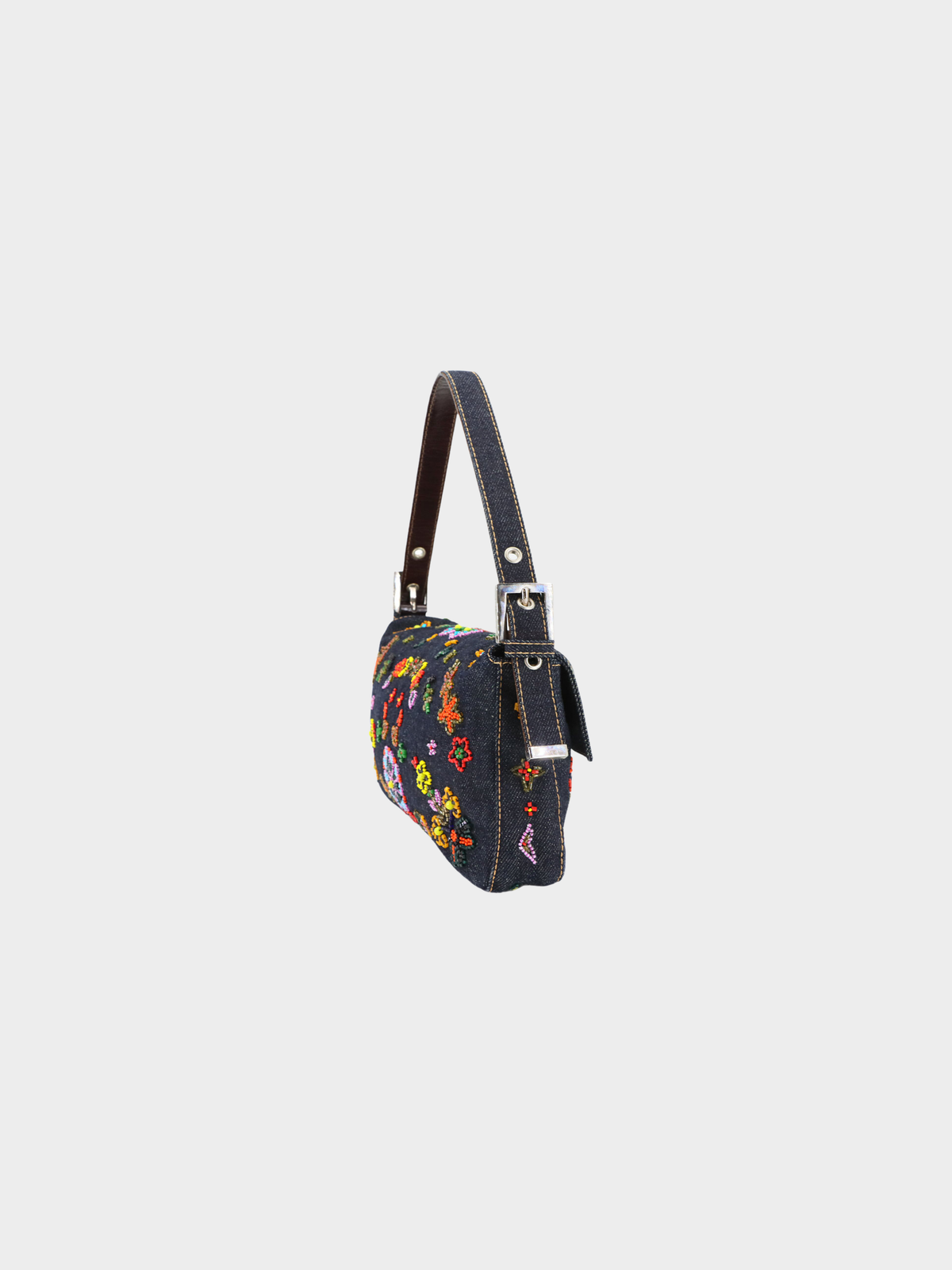 Fendi 2000s Rare Floral Beaded Denim Baguette