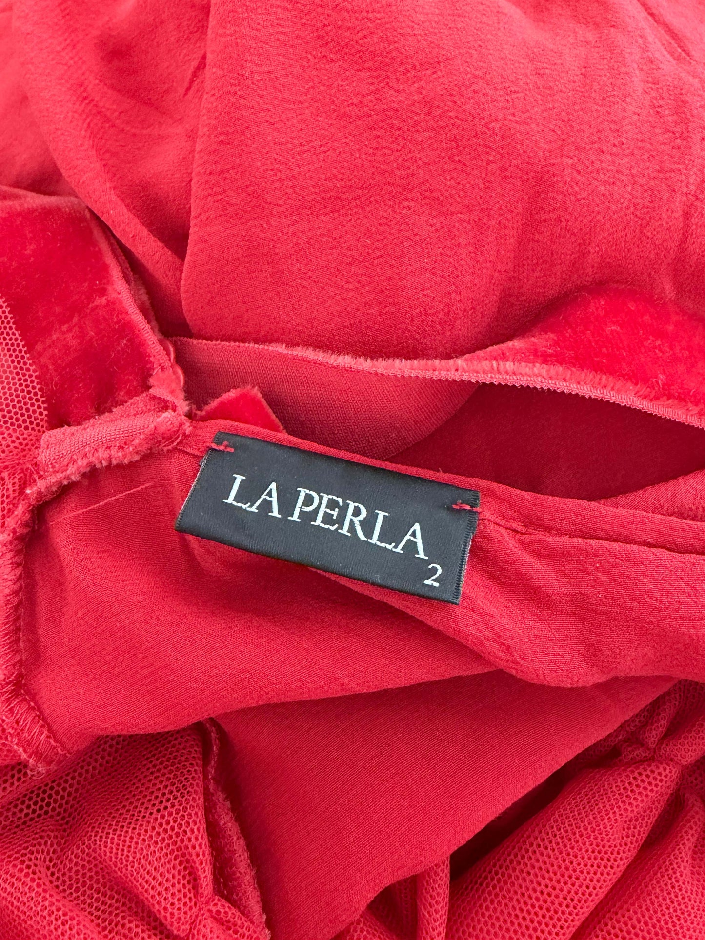 La Perla 2000s Red Chiffon Floral Embroidered Long Dress