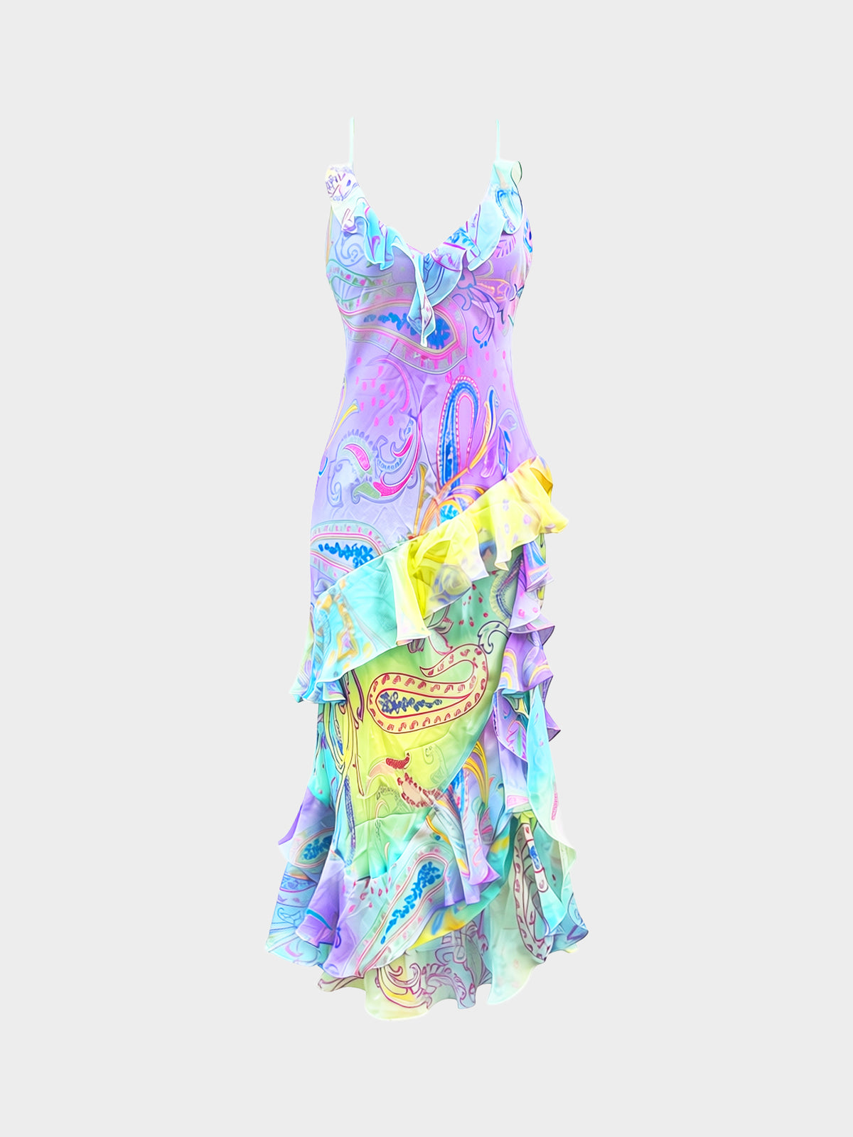 Ralph Lauren 2000s Multicolored Paisley Print Ruffled Long Dress