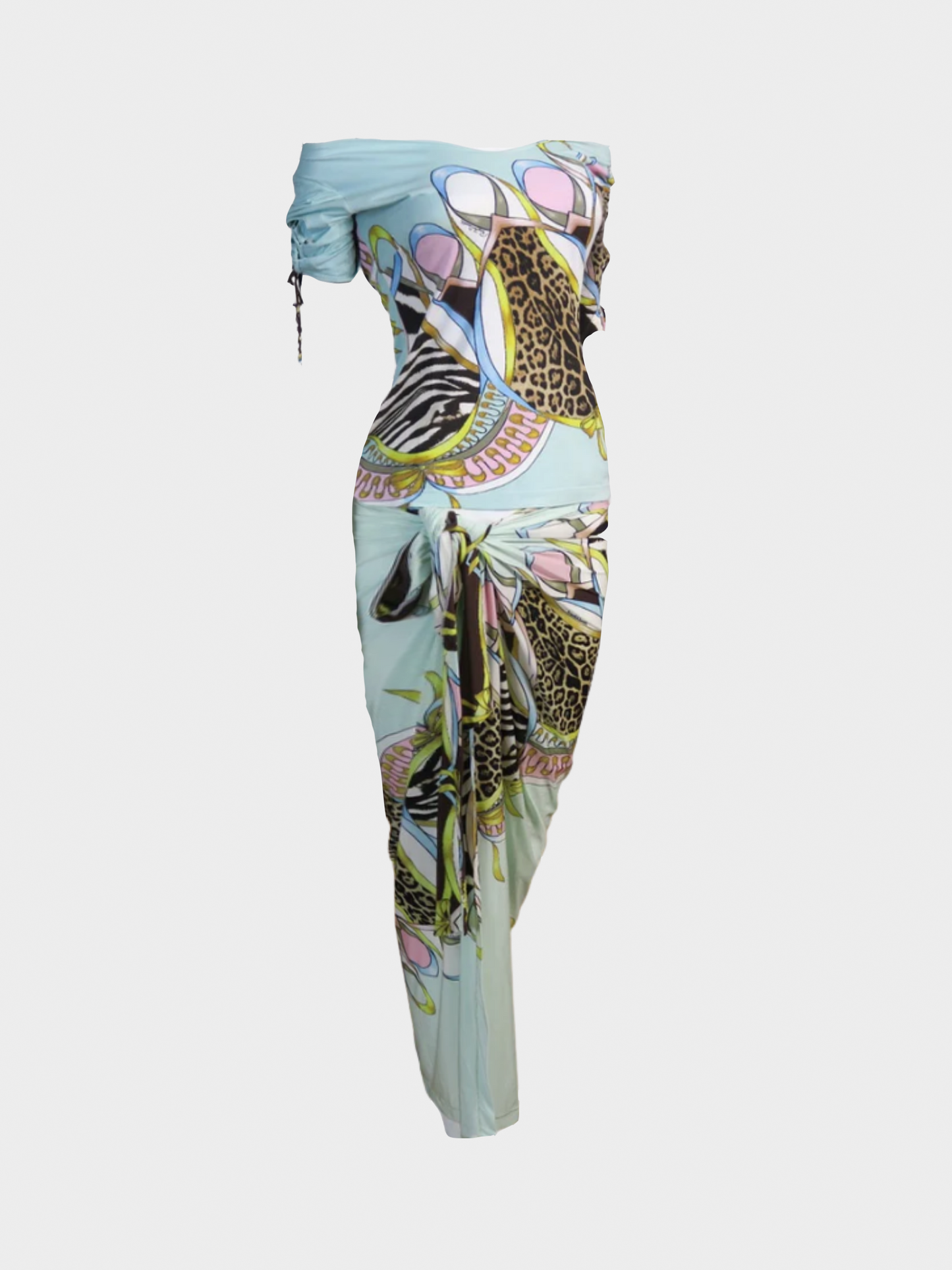 Roberto Cavalli SS 2004 Light Blue Printed Top and Pareo Skirt Set