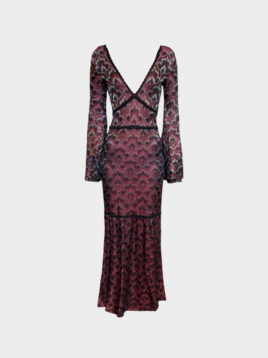 Roberto Cavalli 2000s Dark Plum Bell Sleeve Plunge Maxi Dress