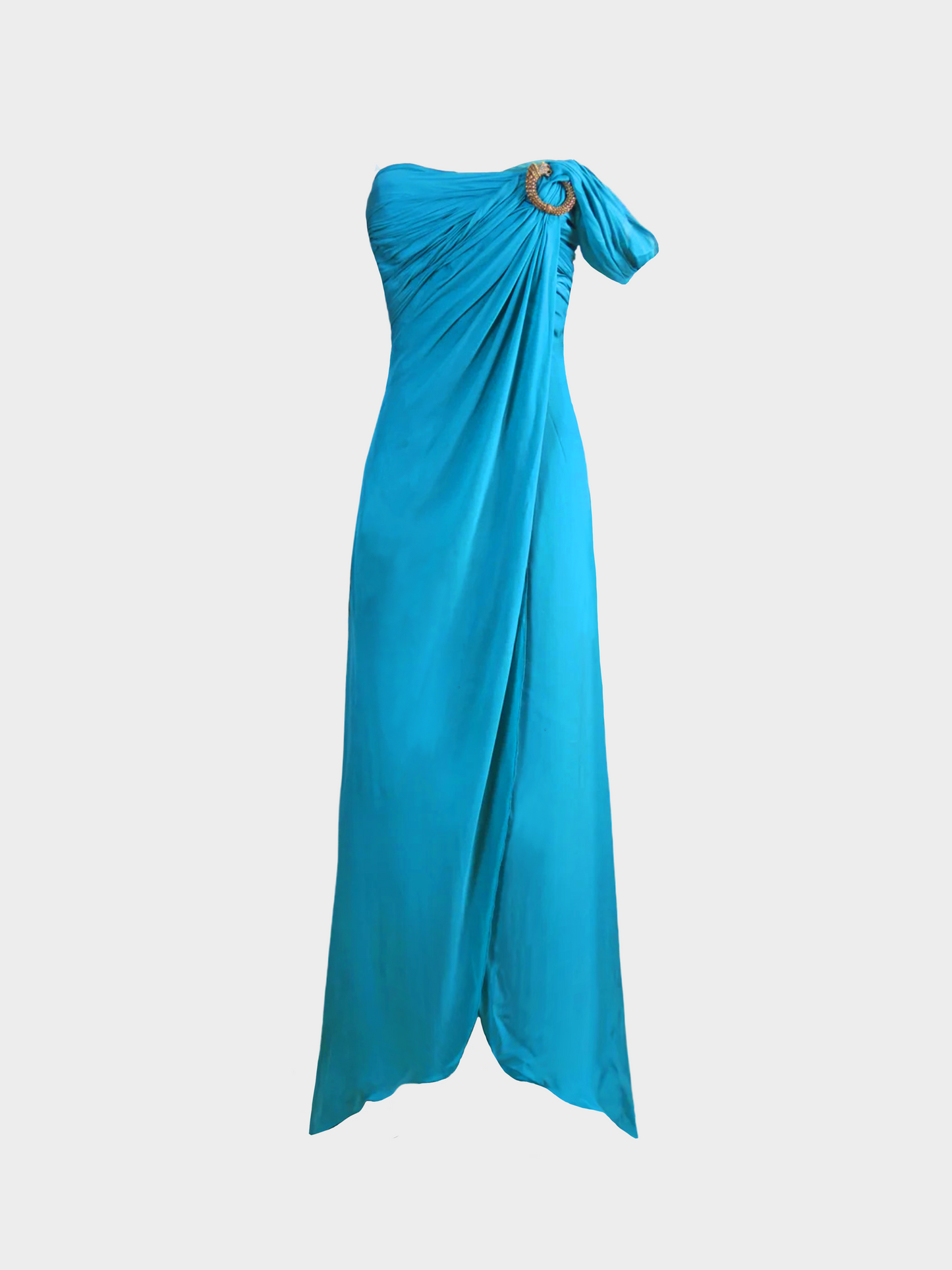 Roberto Cavalli 2000s Turquoise Blue Embellished One Shoulder Maxi Dress