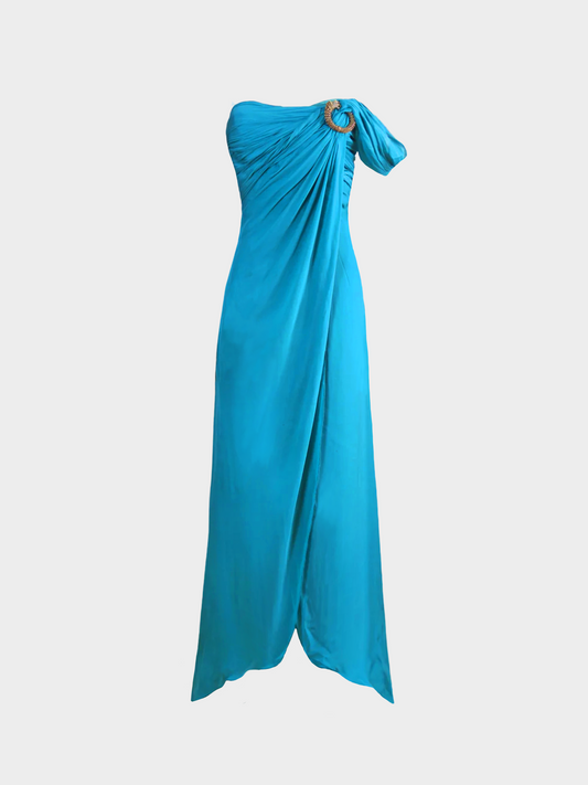 Roberto Cavalli 2000s Turquoise Blue Embellished One Shoulder Maxi Dress