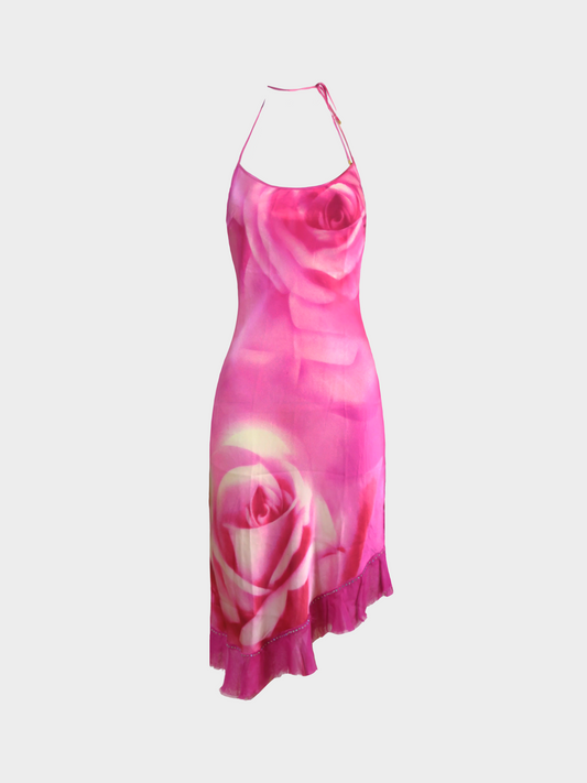 Roberto Cavalli SS 2000 Pink Silk "Roses" Printed Midi Asymmetrical Dress