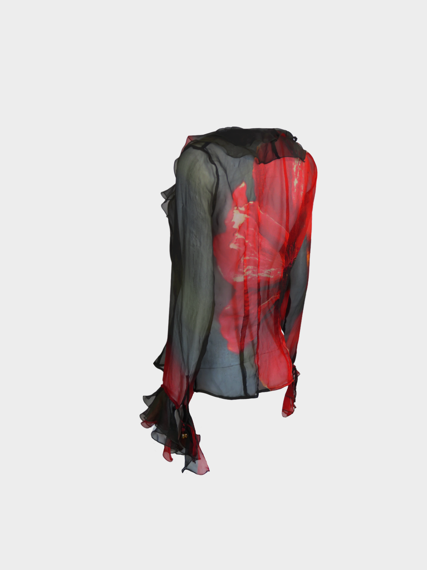 Roberto Cavalli FW 1990s Black and Red Silk Ruffled Long Sleeve Top