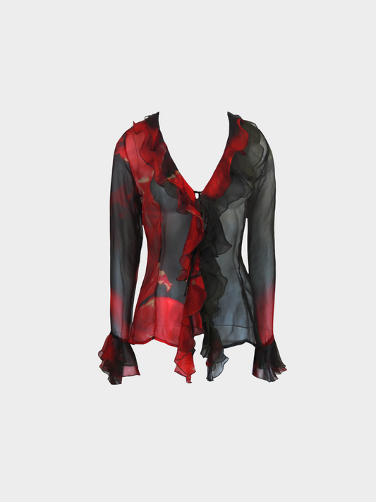 Roberto Cavalli FW 1990s Black and Red Silk Ruffled Long Sleeve Top