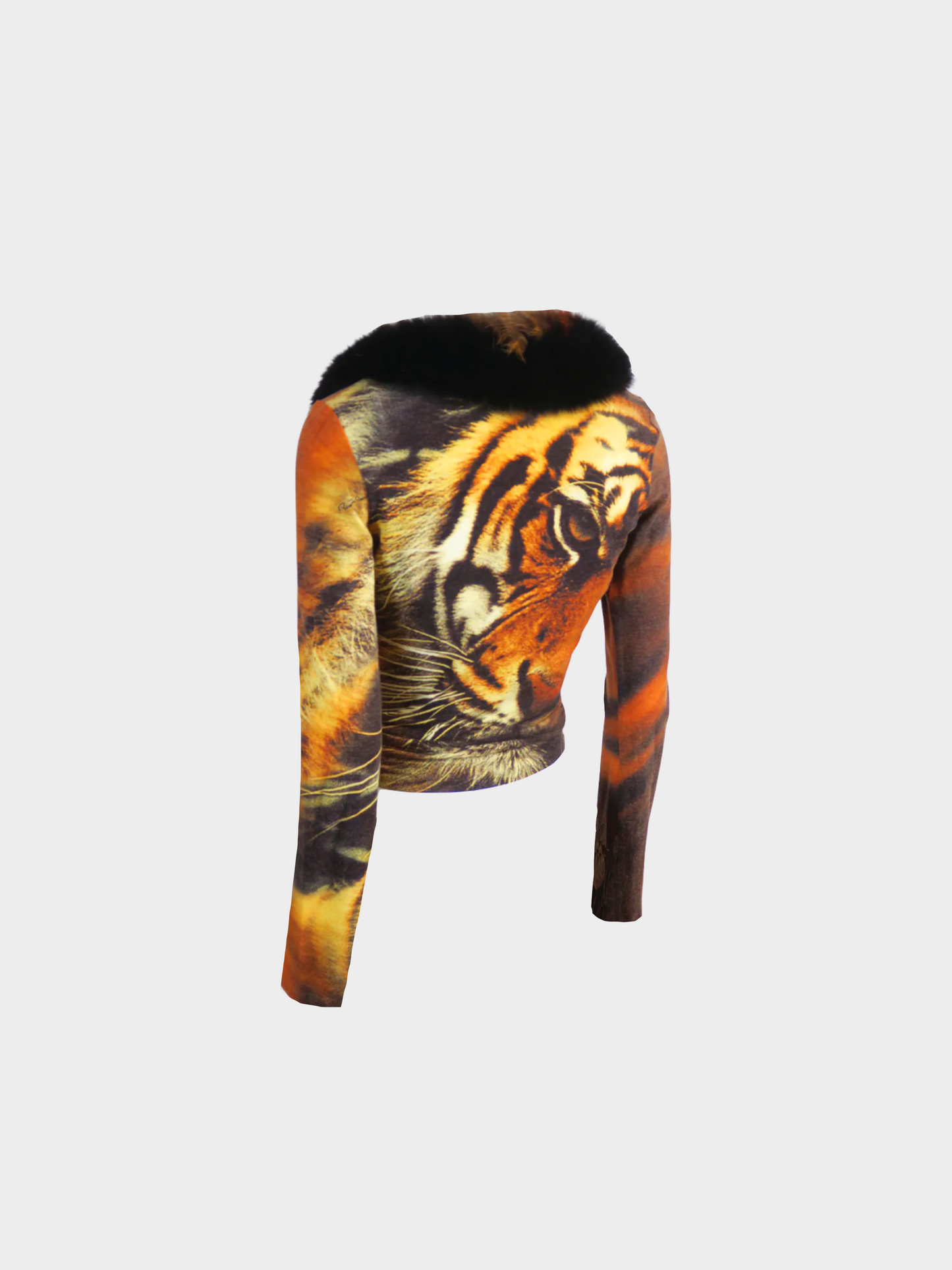 Roberto Cavalli SS 2000 Brown Tiger Print with Fur Trim Long Sleeved Cardigan