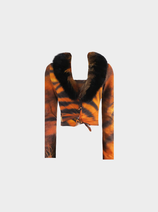 Roberto Cavalli SS 2000 Brown Tiger Print with Fur Trim Long Sleeved Cardigan