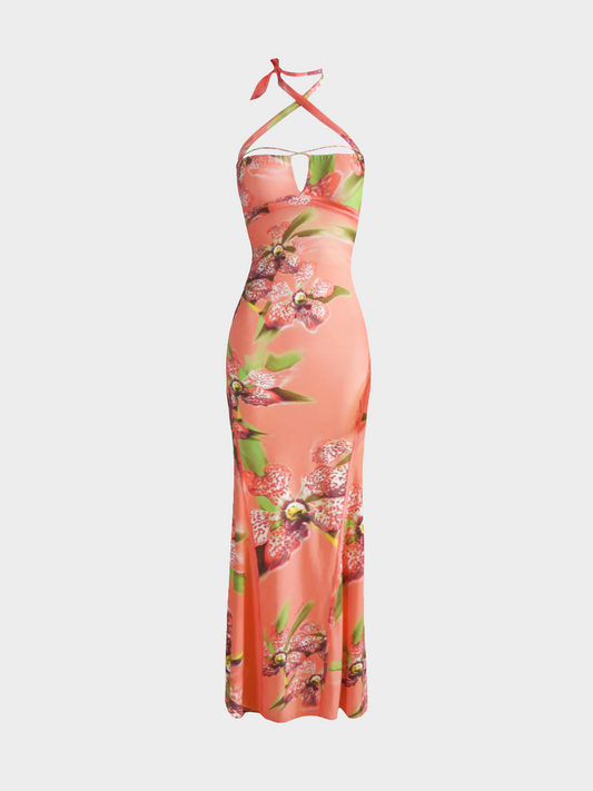 Roberto Cavalli FW 2004 Multicolour Orchid Print Halter Maxi Dress