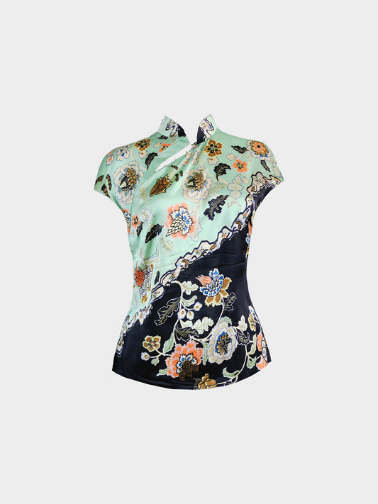 Roberto Cavalli SS 2003 Multicolour Chinoiseries Cheongsam Silk Top