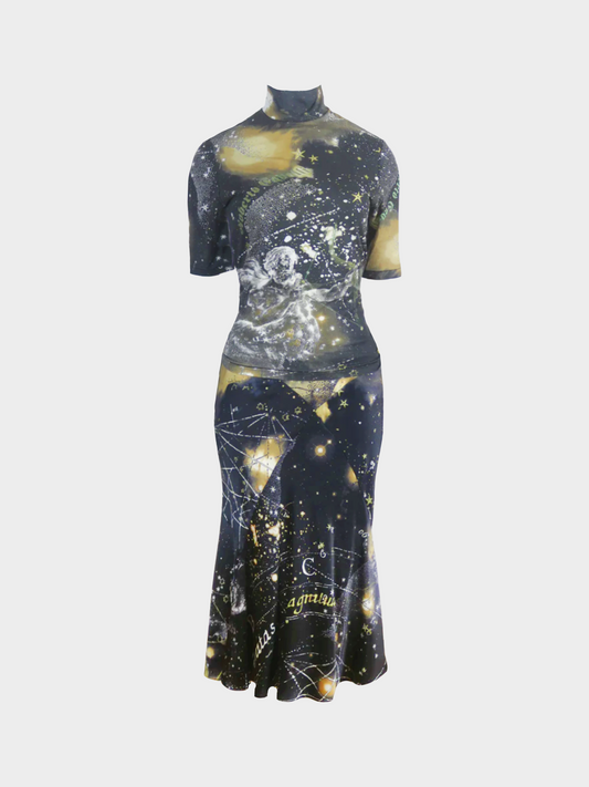 Roberto Cavalli FW 2003 Black "Astrology" Print Top and Skirt Set