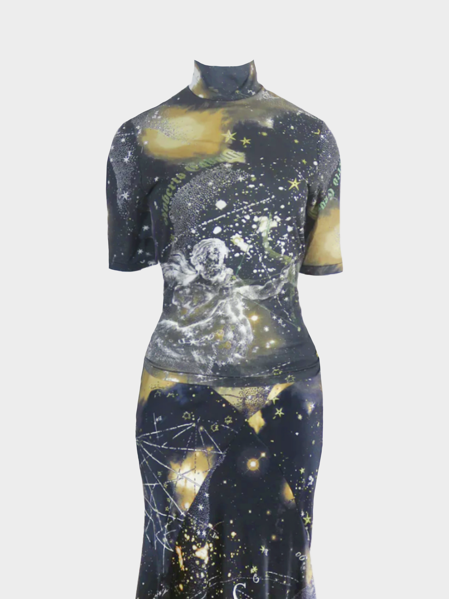 Roberto Cavalli FW 2003 Black "Astrology" Print Top and Skirt Set