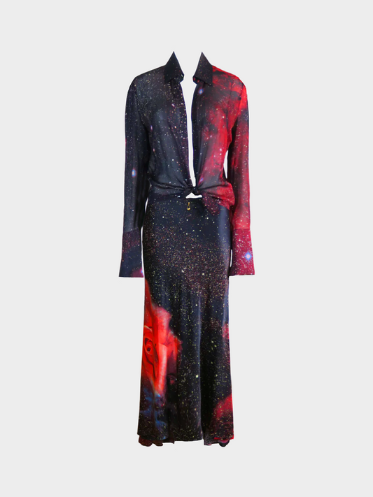 Roberto Cavalli 2000s Black and Red Galaxy Print Two Piece Set